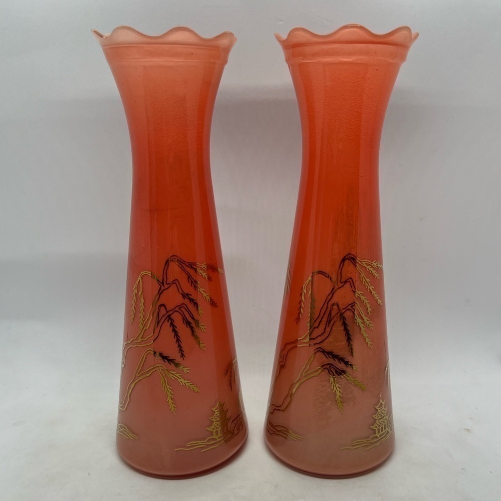 Vintage Bartlett Collins Vases Orange Glass with Gold Asian Design